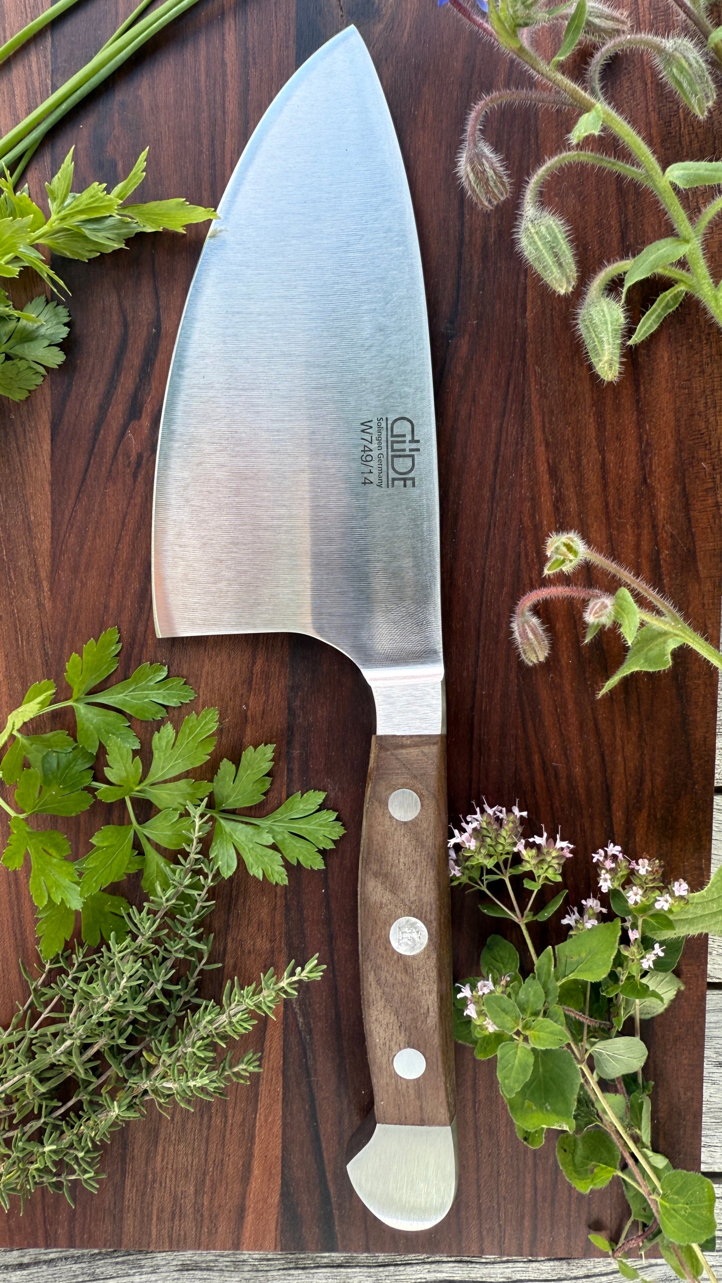 Geschenkset - Güde Kräutermesser Shark – Alpha Walnuss & Walnuss-/Buchenholzbrett