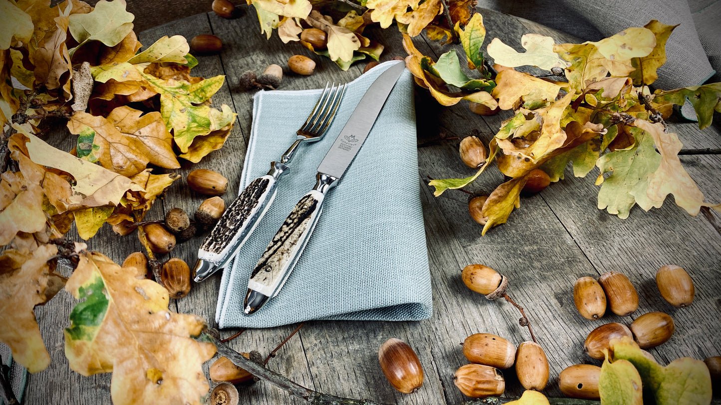 Geschenk-Set Leinenserviette mit Eichenlaub Steakbesteck mit echtem Hirschhorn