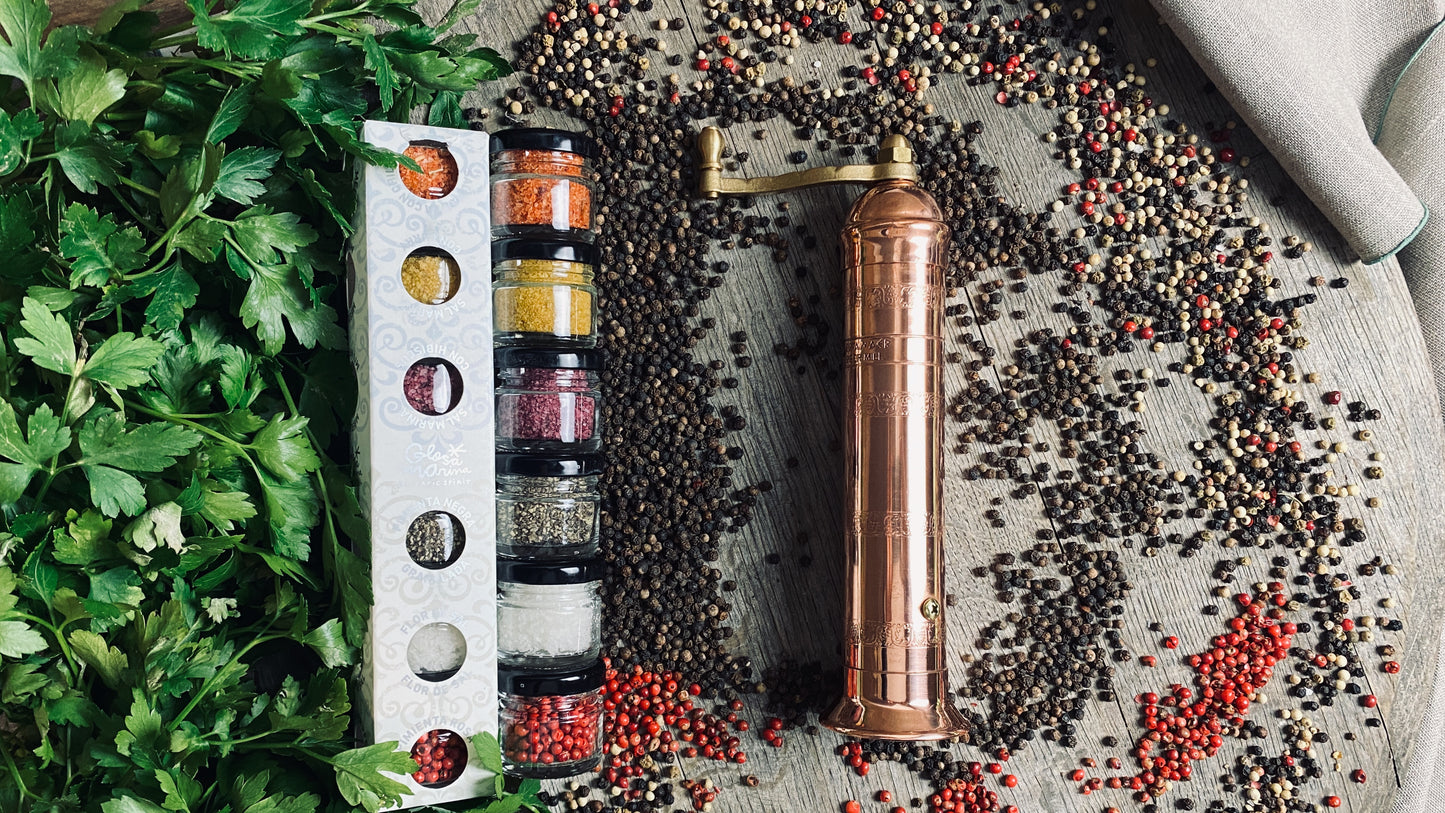 Geschenk-Set Gewürzmühle Kupfer handmade mit 6 Gewürzen im Glas