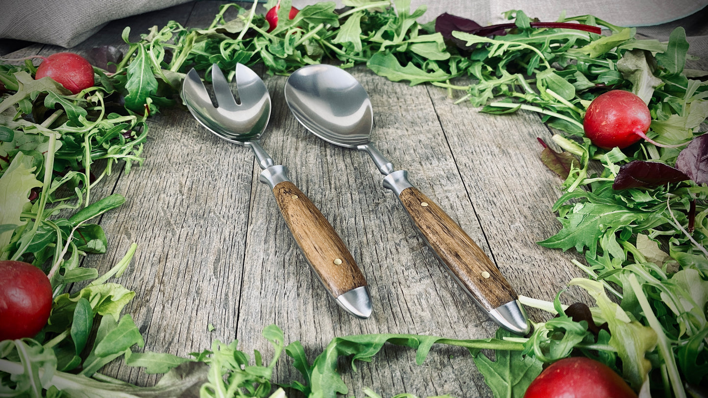Eichenlaub Hochwertiges Salatbesteck-Set mit Eichenholzgriffen