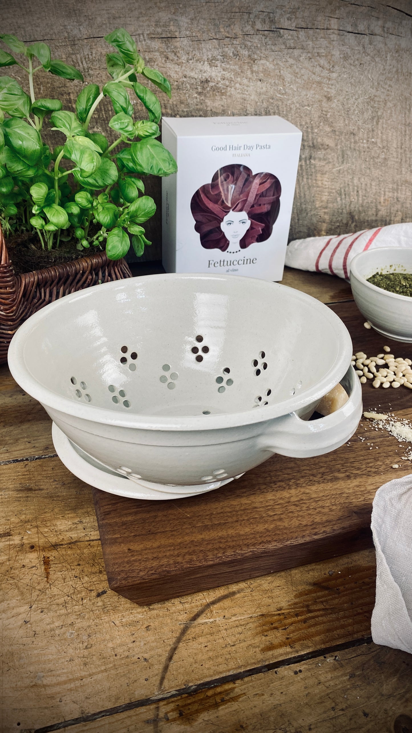 Pasta Fettuccine with hand-made sieve and saucer