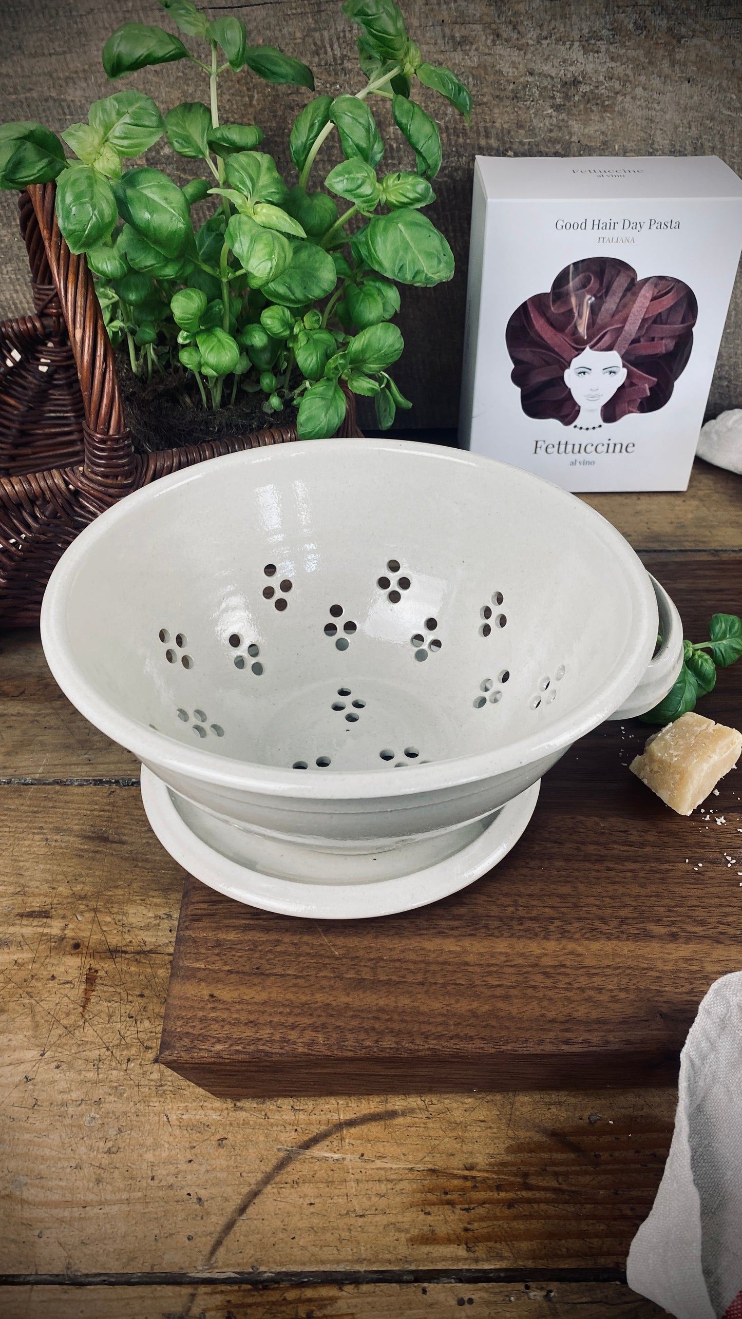Pasta Fettuccine with hand-made sieve and saucer