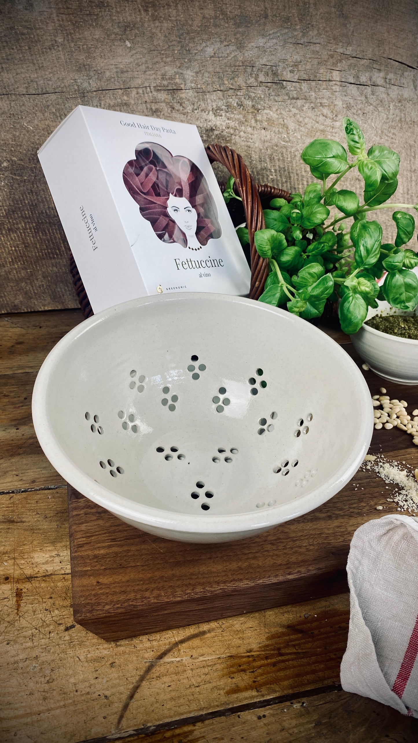 Pasta Fettuccine with hand-made sieve and saucer