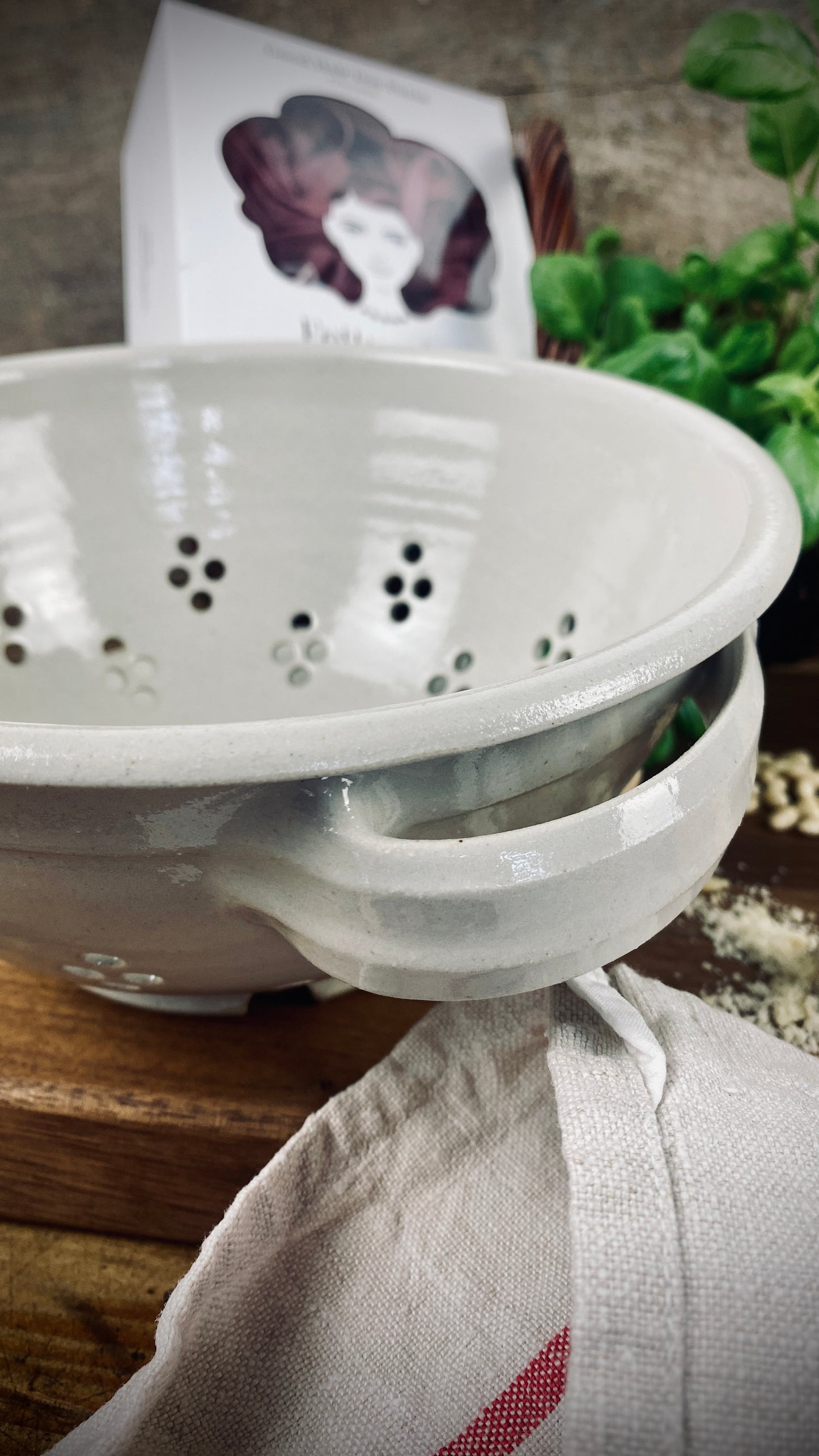 Pasta Fettuccine with hand-made sieve and saucer