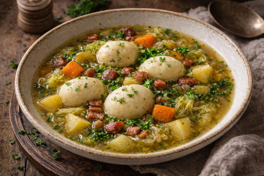 Winterlicher Gemüseeintopf mit Speck & Grießklößchen