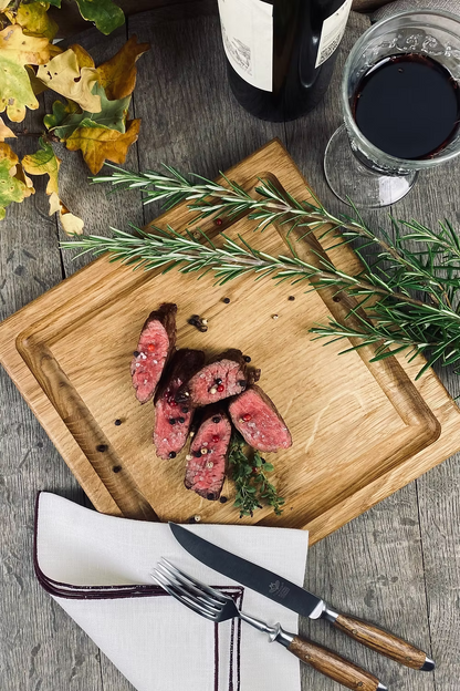 Steakbrett 2er Set aus massiver Eiche in natur oder dunkel mit Saftr