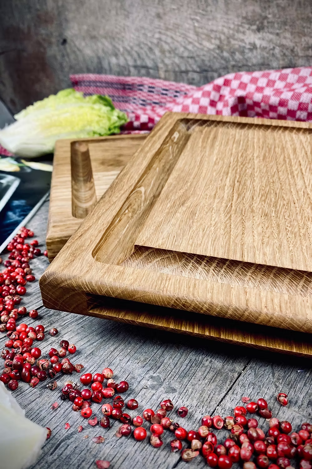 Steakbrett 2er Set aus massiver Eiche in natur oder dunkel mit Saftr