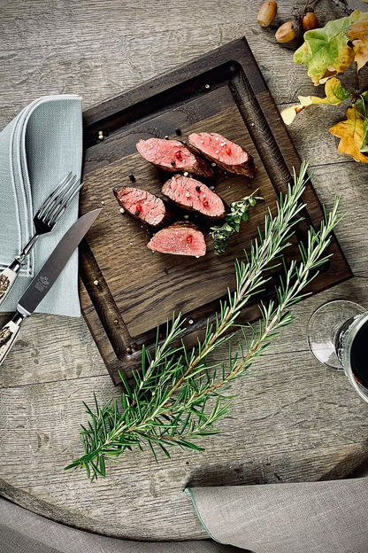 Steakbrett 2er Set aus massiver Eiche in dunkel oder natur mit Saftrille