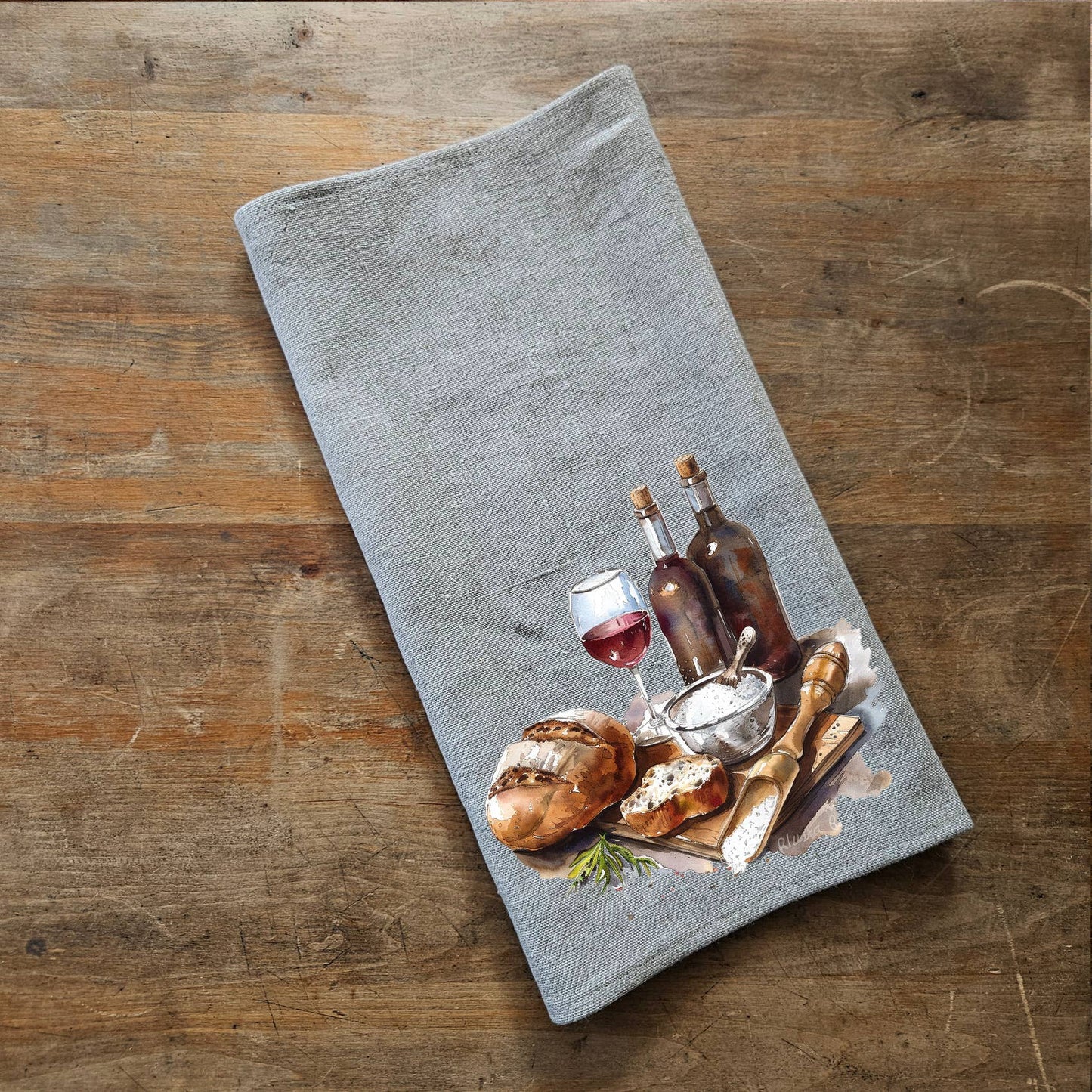Küchentuch aus 100% Leinen mit Wine&Bread-Aufdruck