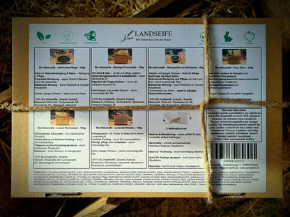 Naturseifen Geschenkset - 6 Bio Naturseifen + 2 Seifensäckchen