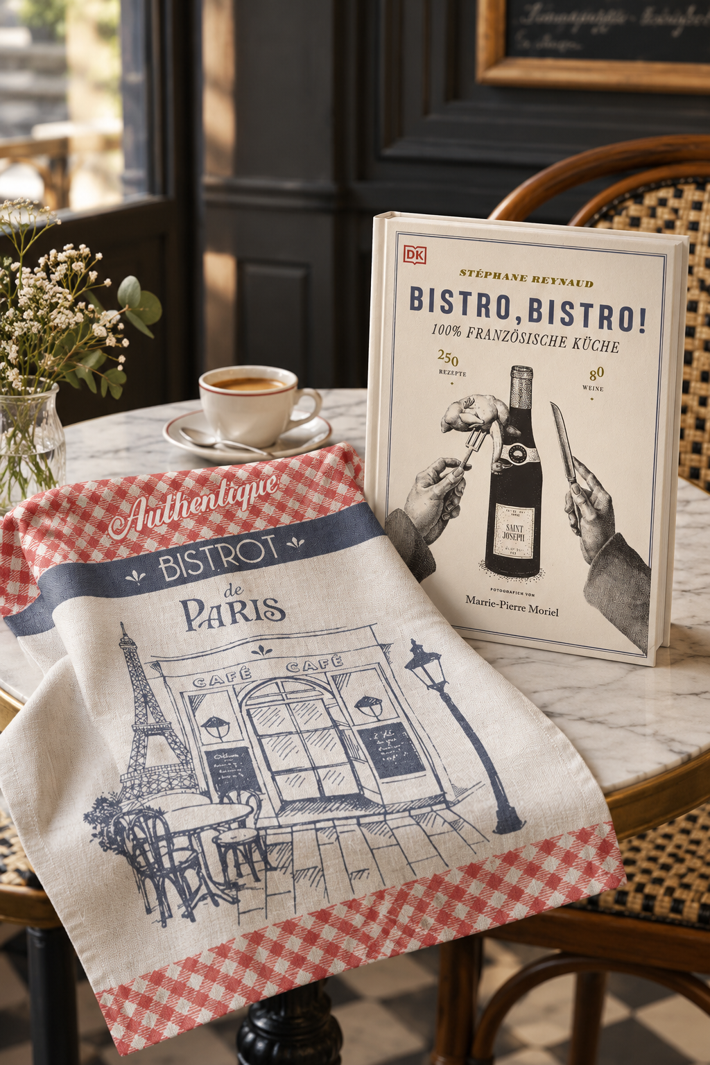 Geschenkset „Bistro, Bistro!“ - Französisches Kochbuch & Coucke Geschirrtuch