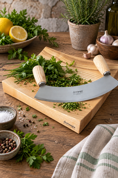 Geschenkset triangle Wiegemesser 23 cm & Schneidbrett aus Esche