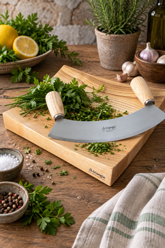 Geschenkset triangle Wiegemesser 23 cm & Schneidbrett aus Esche