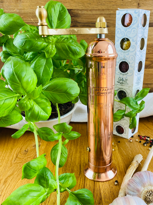 Geschenk-Set Gewürzmühle Kupfer handmade mit 6 Gewürzen im Glas