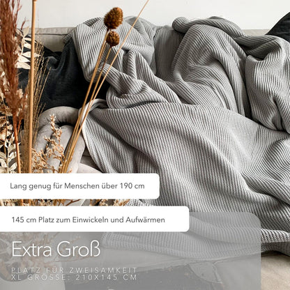 Blanketino Kuscheldecke mit Baumwollstrick · Seidengrau · Sandweiß XL · 210x145