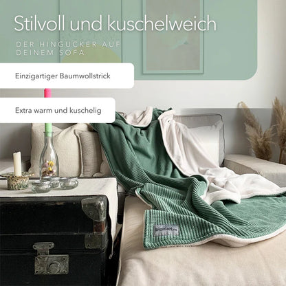 Blanketino Kuscheldecke mit Baumwollstrick · Seegrün· Sandweiß XL · 210x145