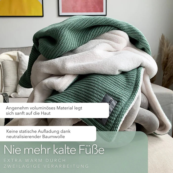 Blanketino Kuscheldecke mit Baumwollstrick · Seegrün· Sandweiß XL · 210x145