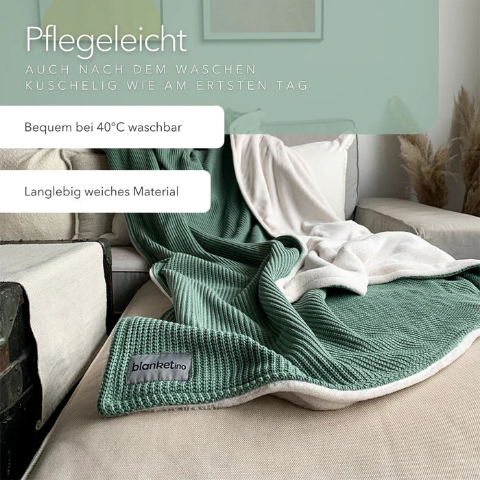 Blanketino Kuscheldecke mit Baumwollstrick · Seegrün· Sandweiß XL · 210x145