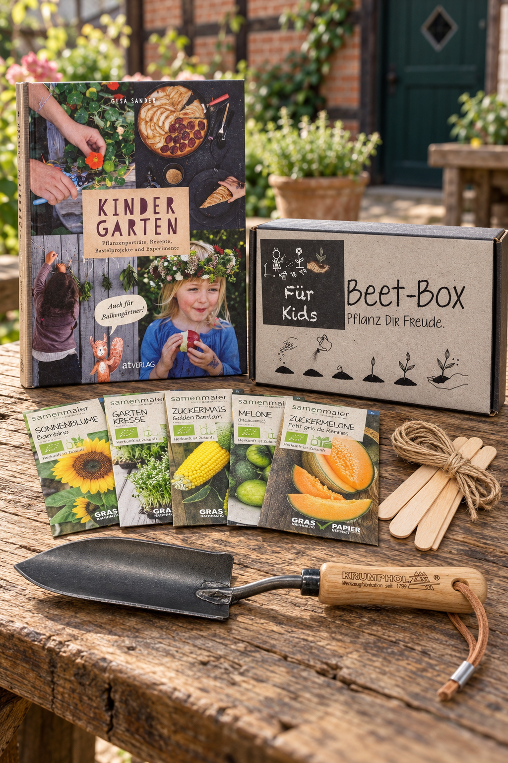 Geschenkset „Kleine Gartenentdecker“ - KinderGarten-Buch, BIO Beet-Box & Krumpholz Pflanzkelle