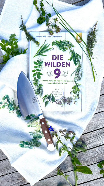Gift set – book Wilde 9, linen cloth herbs &amp; Güde herb knife