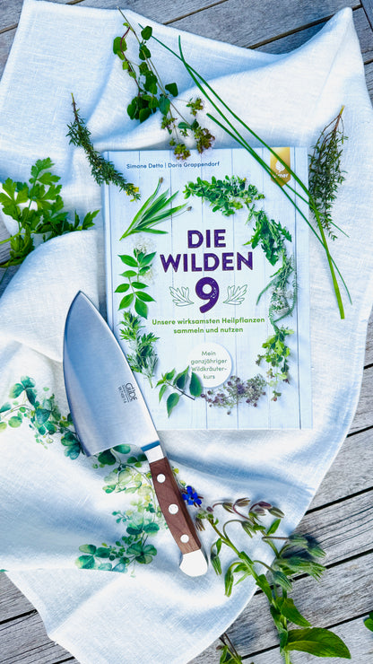 Gift set – book Wilde 9, linen cloth herbs &amp; Güde herb knife
