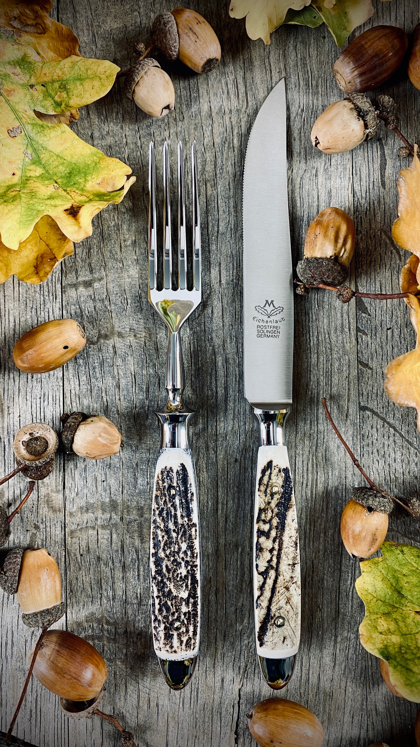 Eichenlaub Steakbesteck mit echtem Hirschhorn