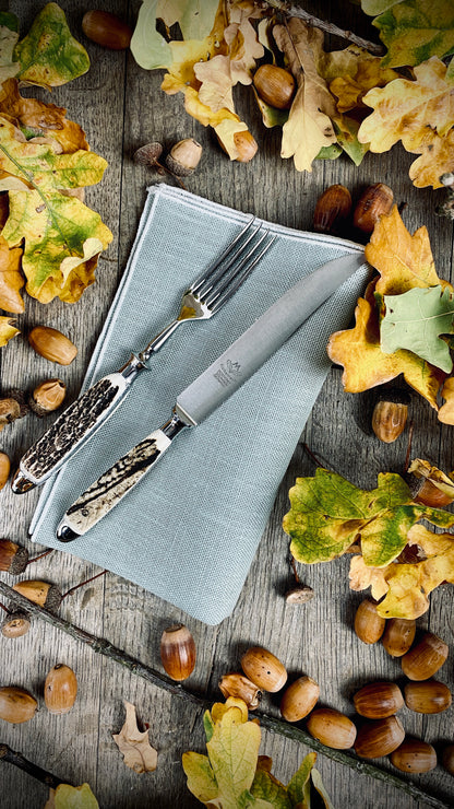 Geschenk-Set Leinenserviette mit Eichenlaub Steakbesteck mit echtem Hirschhorn