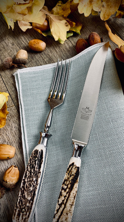 Geschenk-Set Leinenserviette mit Eichenlaub Steakbesteck mit echtem Hirschhorn