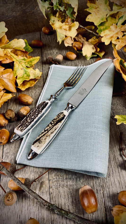 Geschenk-Set Leinenserviette mit Eichenlaub Steakbesteck mit echtem Hirschhorn