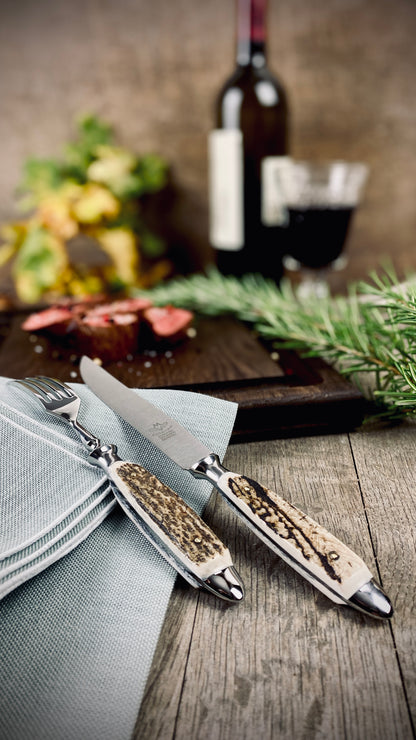 Geschenk-Set Steakbrett & Eichenlaub Steakbesteck mit echtem Hirschhorn