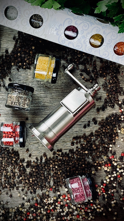 Geschenk-Set Pfeffermühle aus massiven Metall handmade mit 6 Gewürzen im Glas
