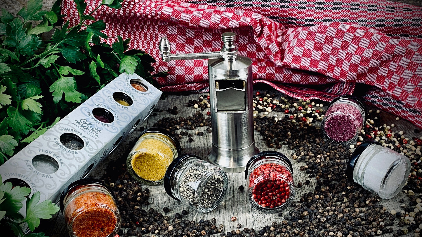 Geschenk-Set Pfeffermühle aus massiven Metall handmade mit 6 Gewürzen im Glas