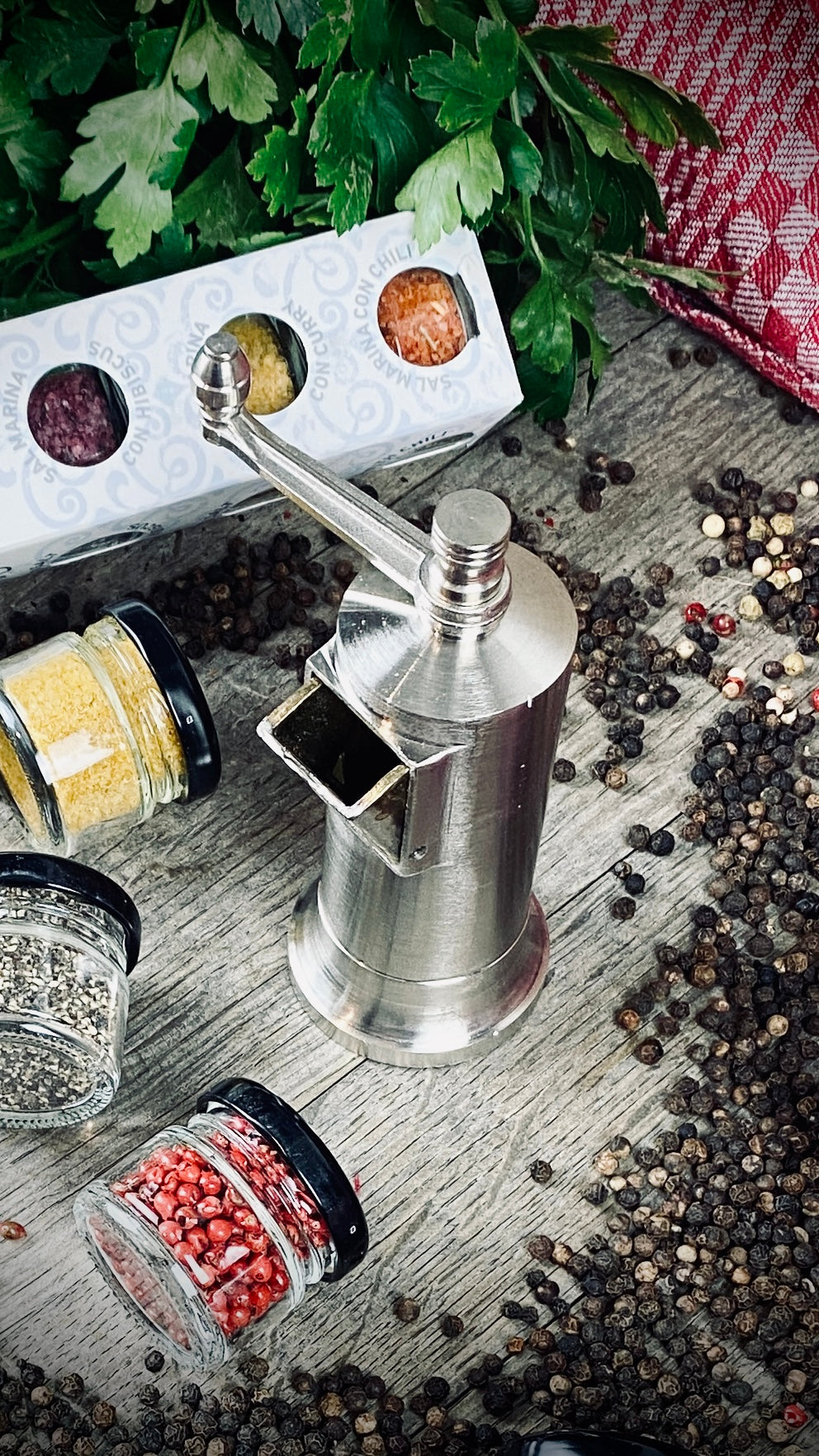Geschenk-Set Pfeffermühle aus massiven Metall handmade mit 6 Gewürzen im Glas