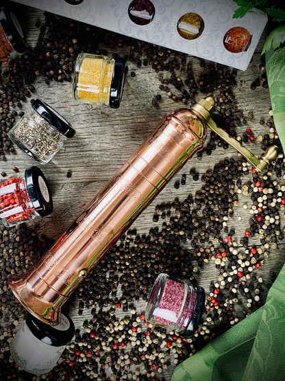 Geschenk-Set Gewürzmühle Kupfer handmade mit 6 Gewürzen im Glas