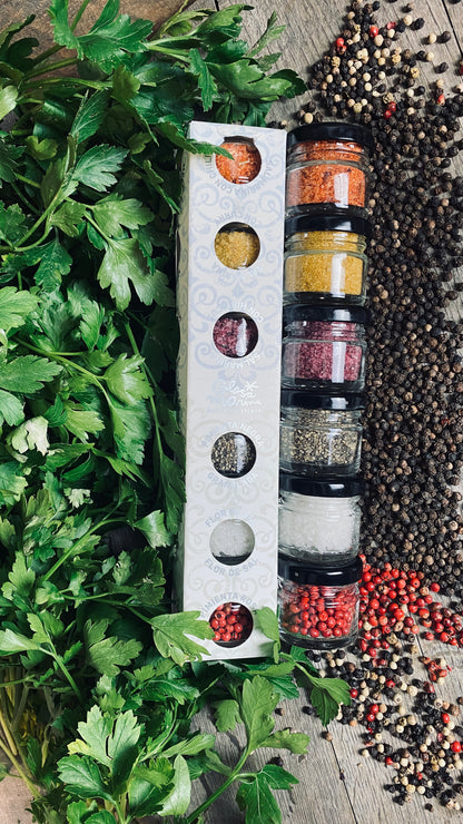 Geschenk-Set Gewürzmühle Kupfer handmade mit 6 Gewürzen im Glas
