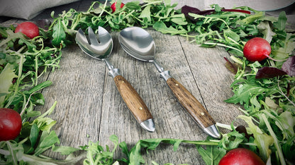 Eichenlaub Hochwertiges Salatbesteck-Set mit Eichenholzgriffen