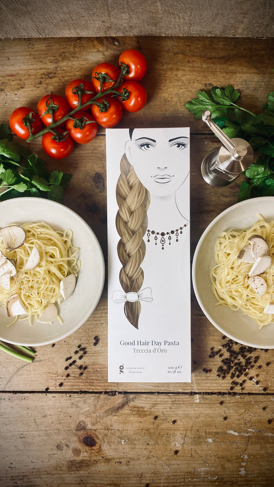 Zopf-Spaghetti & zwei handgetöpferte Pastateller als Geschenk-Set
