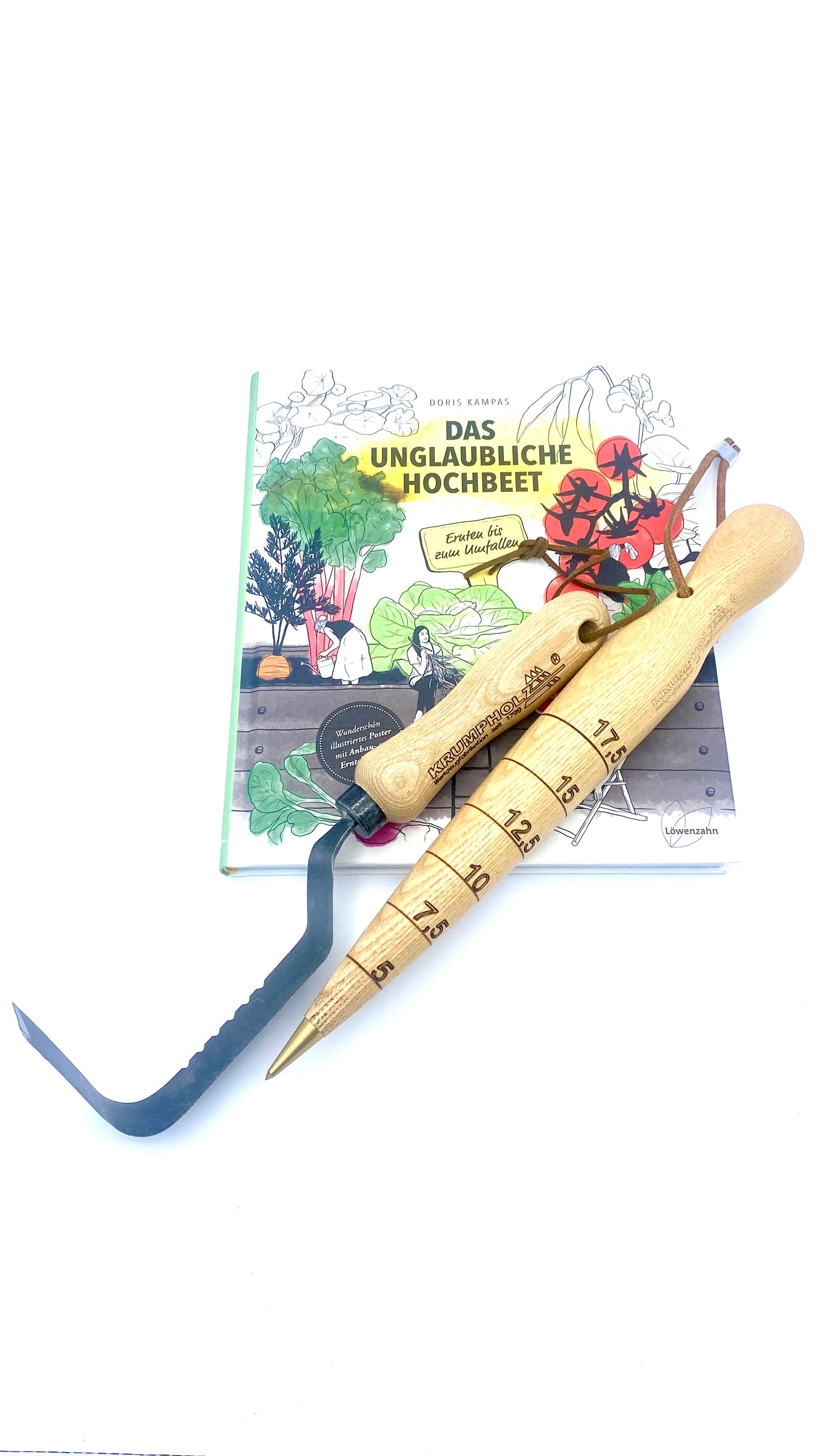 Geschenk-Set Krumpholz Jäter, Pflanzholz & Buch