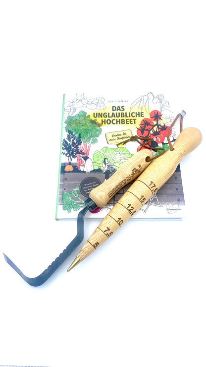 Geschenk-Set Krumpholz Jäter, Pflanzholz & Buch