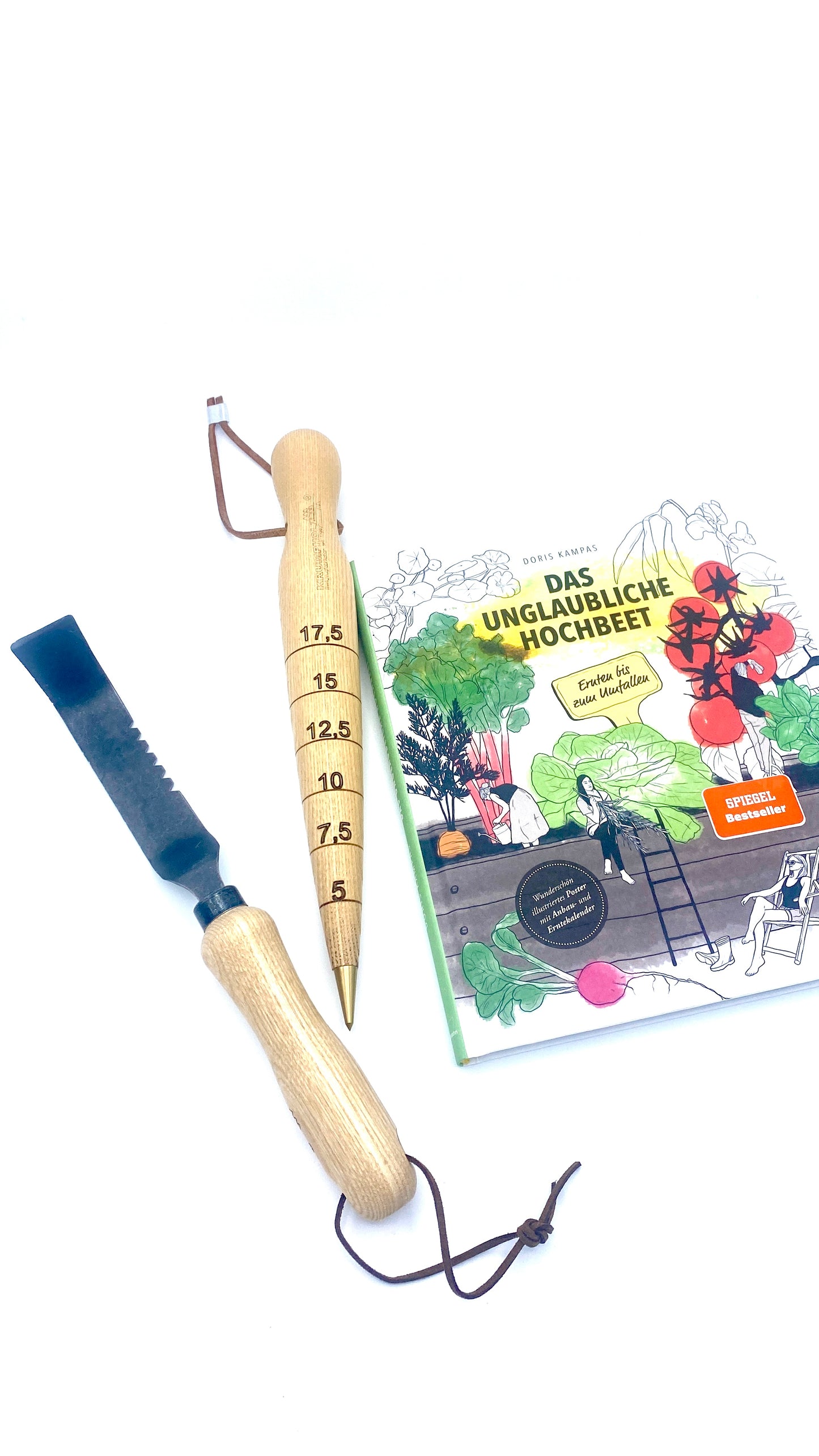 Geschenk-Set Krumpholz Jäter, Pflanzholz & Buch
