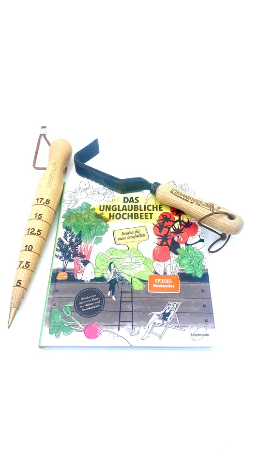 Geschenk-Set Krumpholz Jäter, Pflanzholz & Buch
