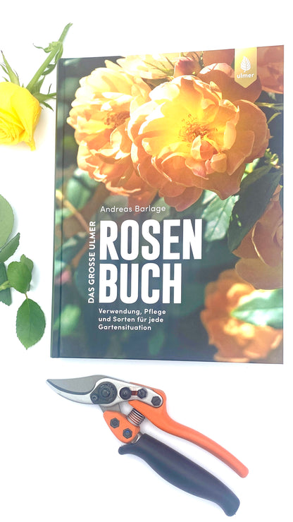 Geschenkset Das große Rosen Buch mit Original Löwe Bypass-Schere mit Rollgriff