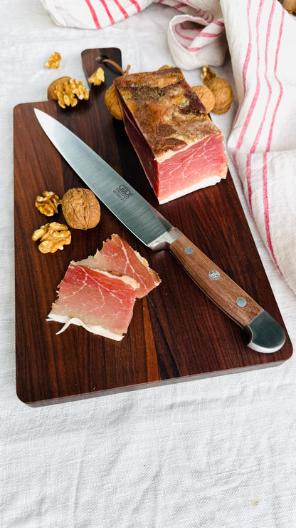 Geschenkset - Schinkenstück geräuchert & Güde Schinkenmesser – Alpha Walnuss & Walnuss/Buchenbrett groß