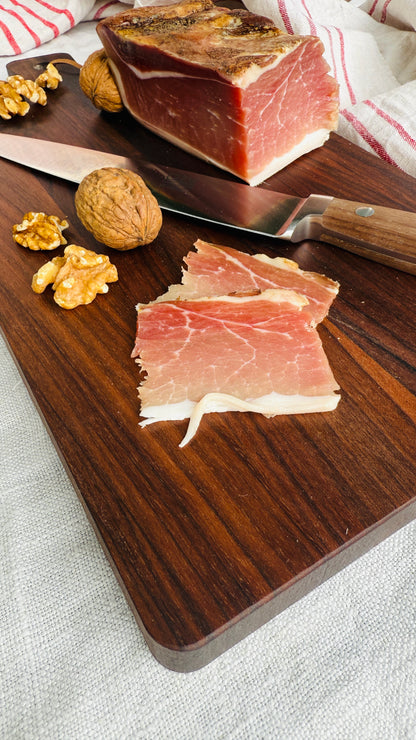 Geschenkset - Schinkenstück geräuchert & Güde Schinkenmesser – Alpha Walnuss & Walnuss/Buchenbrett groß