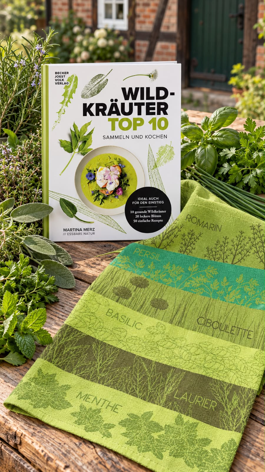 Geschenkset „Kräuterglück“ - Wildkräuter-Buch & Coucke Geschirrtuch