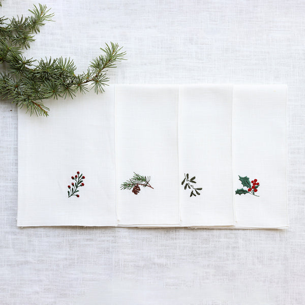 Linen napkins embroidered with 4 different motifs 100% linen