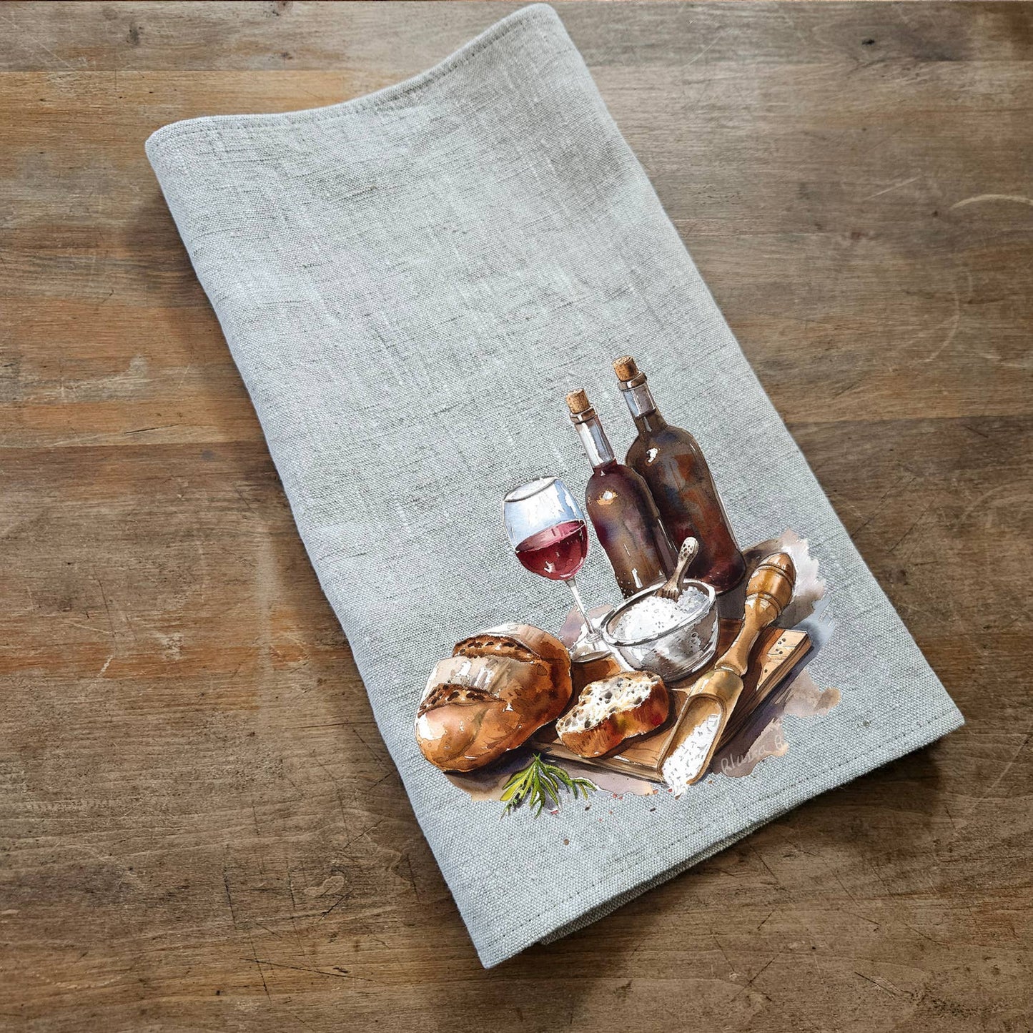 Küchentuch aus 100% Leinen mit Wine&Bread-Aufdruck