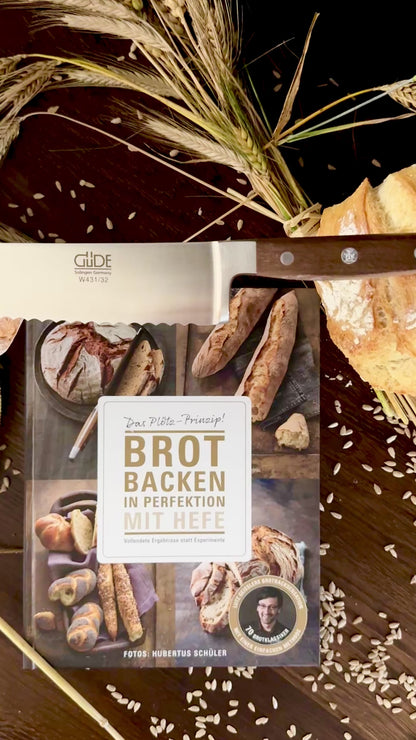 Geschenkset „Backkunst & Genuss“ – Buch „Brot backen in Perfektion“ & Gude Brotmesser Alpha (Walnuss, ca. 32 cm)
